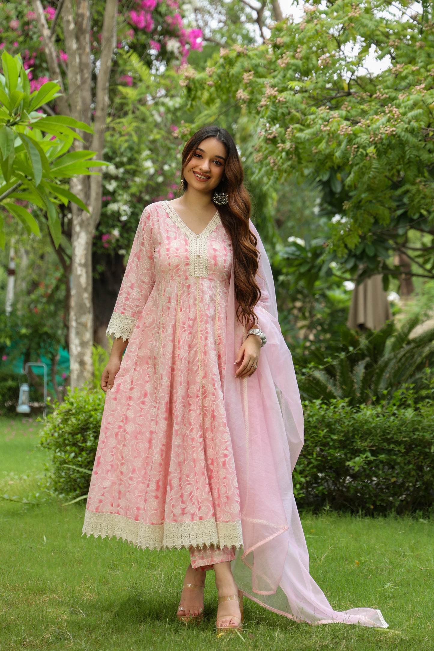 GULBAHAAR ROSE PINK ANARKALI WITH LACES SUIT  SET