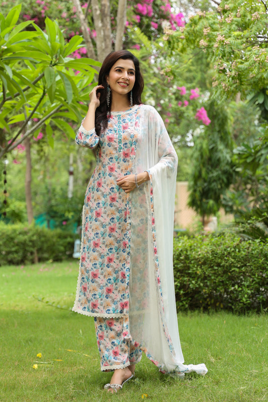 WHITE MOSS PRINTED EMBRIODERED SUIT SET