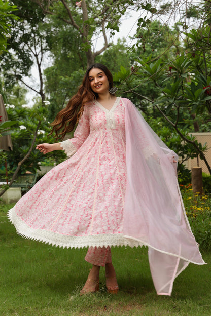 GULBAHAAR ROSE PINK ANARKALI WITH LACES SUIT  SET
