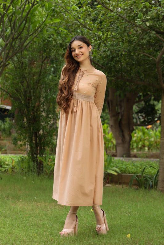 BEIGE COTTON EMBRIODERED CASUAL DRESS