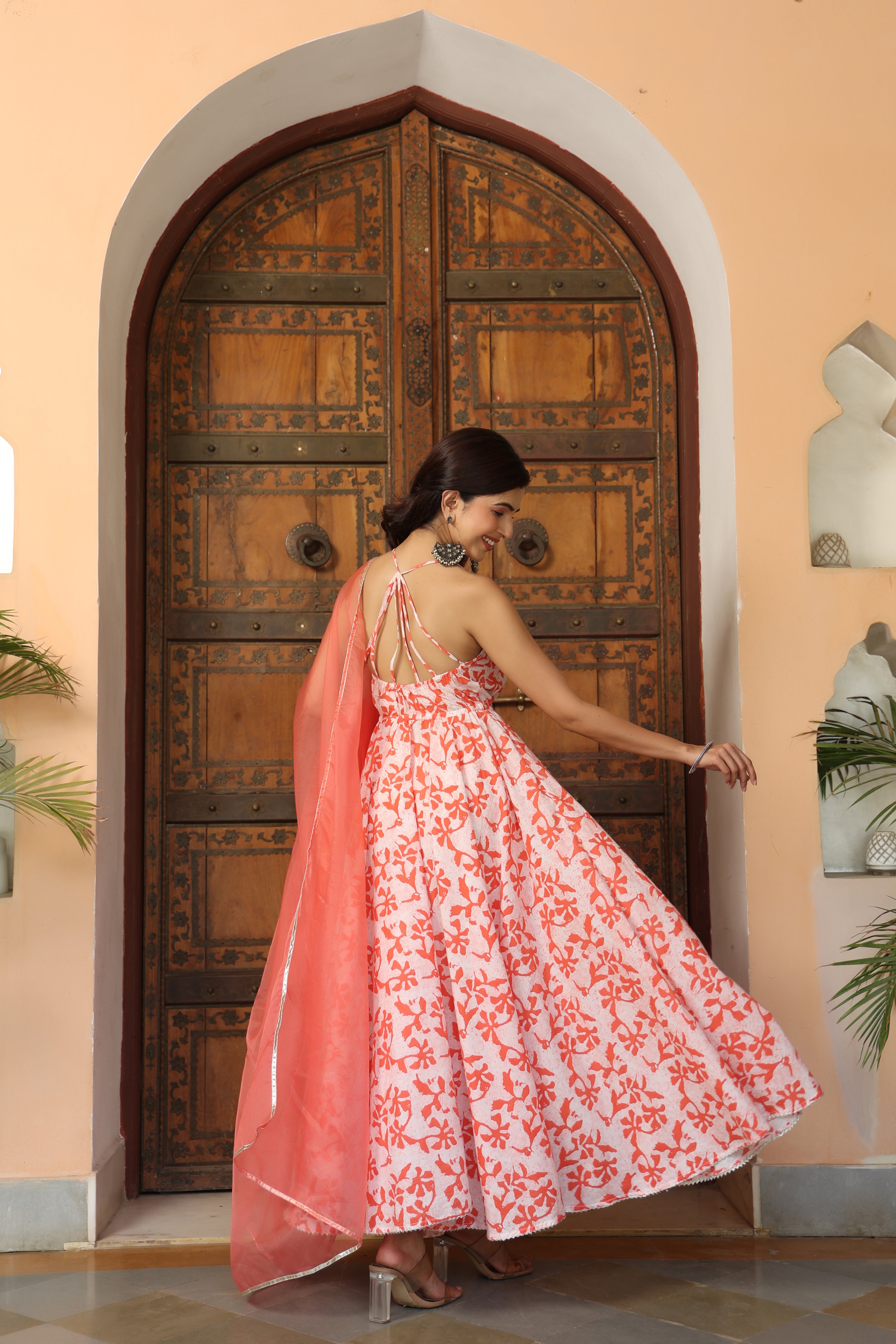 Ease Embroidered Anarkali With Dupatta | Orange, Crepe, V-neck, Sleeveless  | Backless blouse designs, Blouse designs, Indian designer outfits