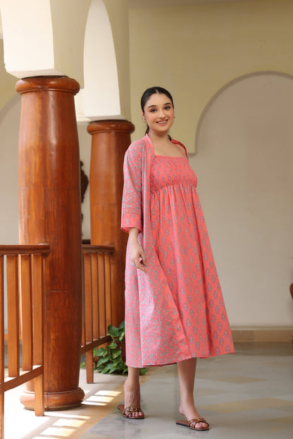 CORAL PINK COTTON PRINTED CASUAL DRESS
