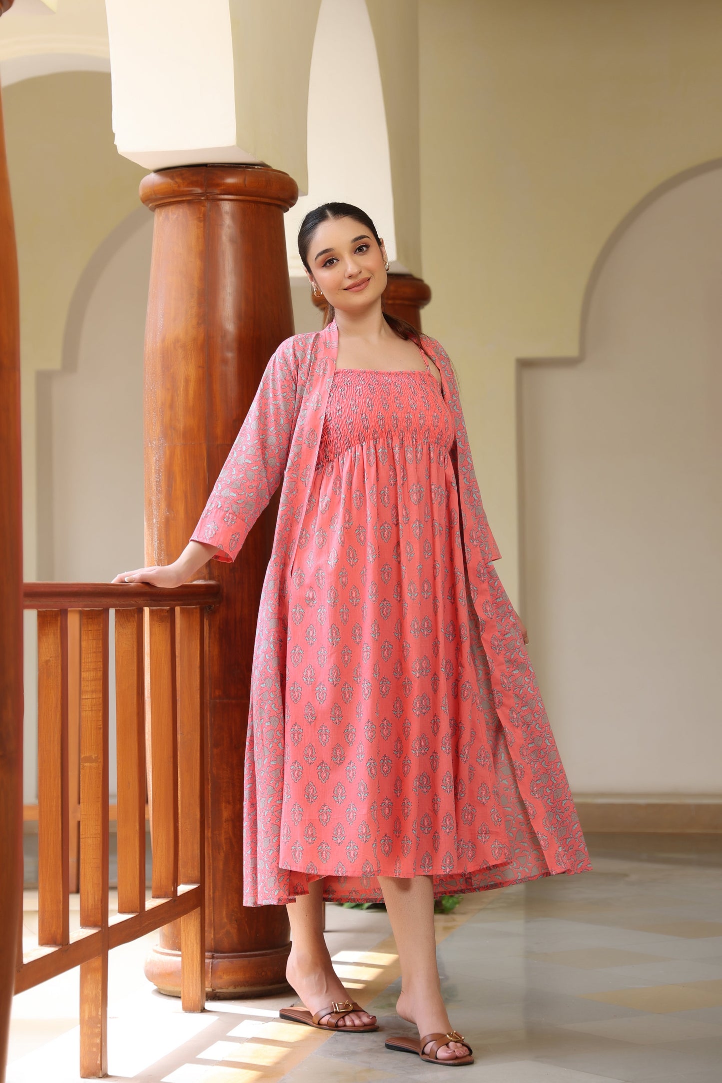 CORAL PINK COTTON PRINTED CASUAL DRESS