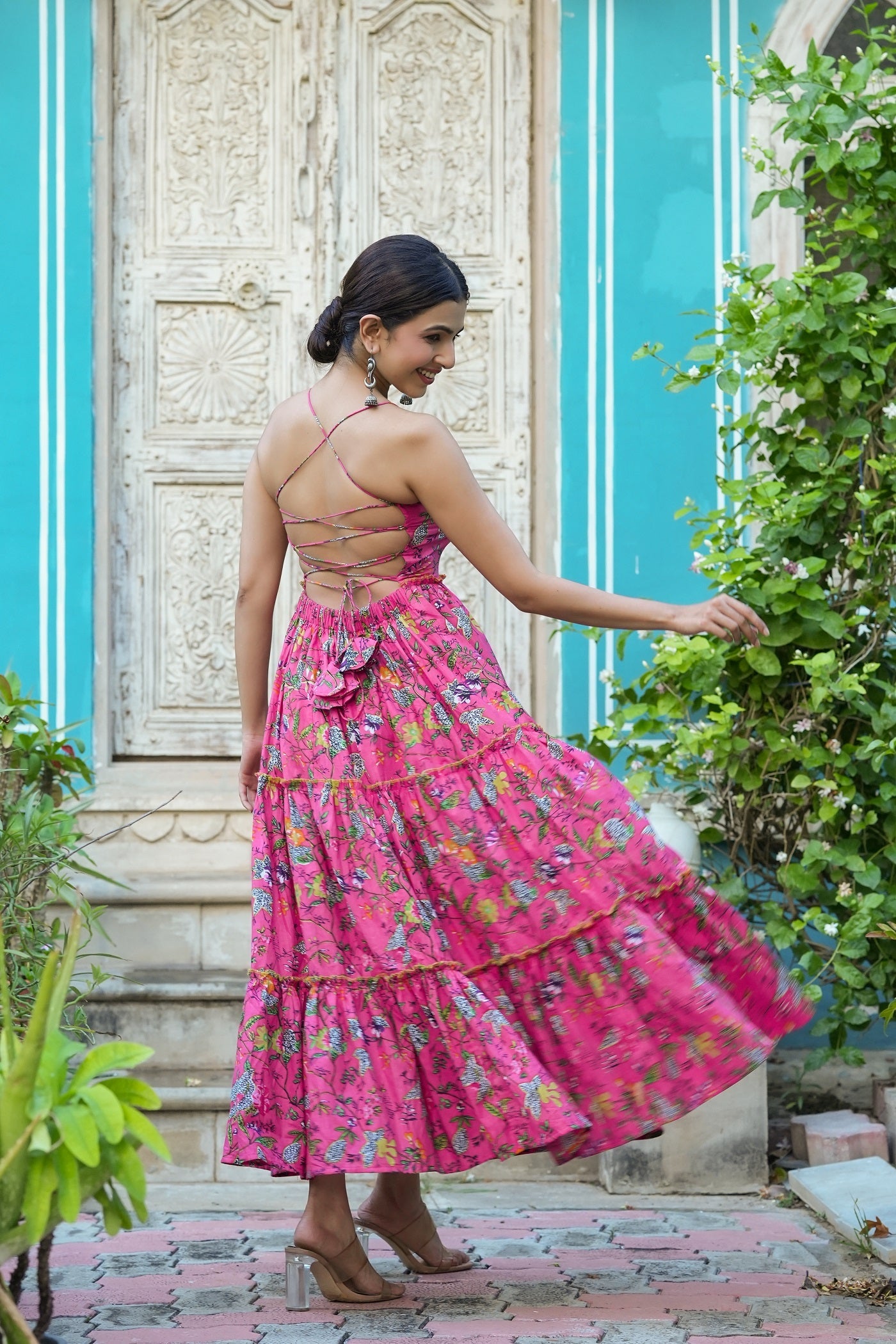 PINK BACKLESS COTTON PRINTED DRESS