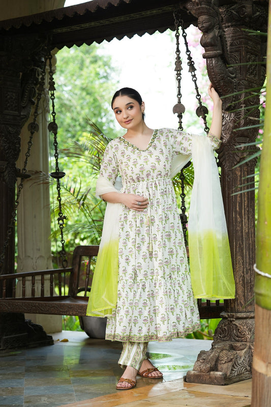 HIMANI PRINTED & EMBRIODERED COTTON FLARED SUIT SET