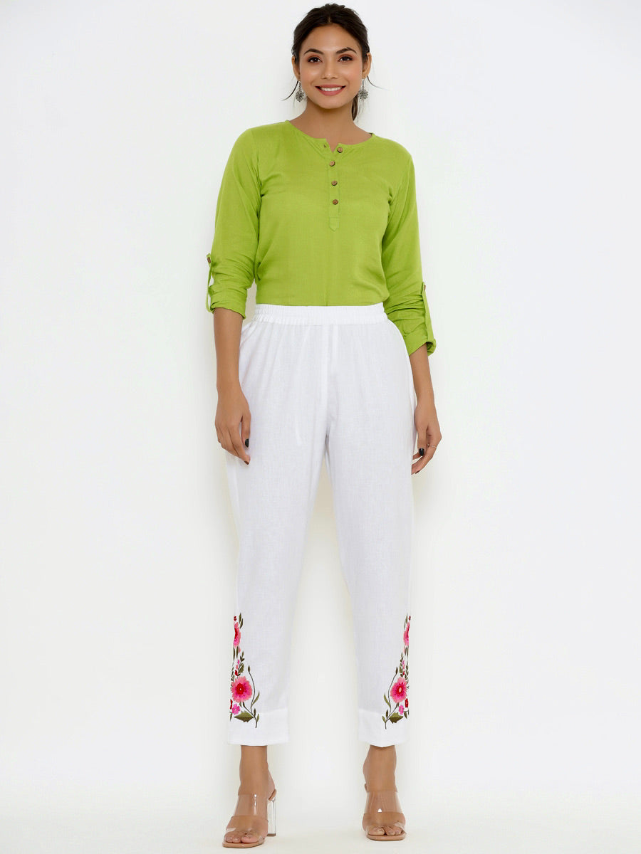 WHITE EMBRIODERED STRAIGHT BOOTS PANTS